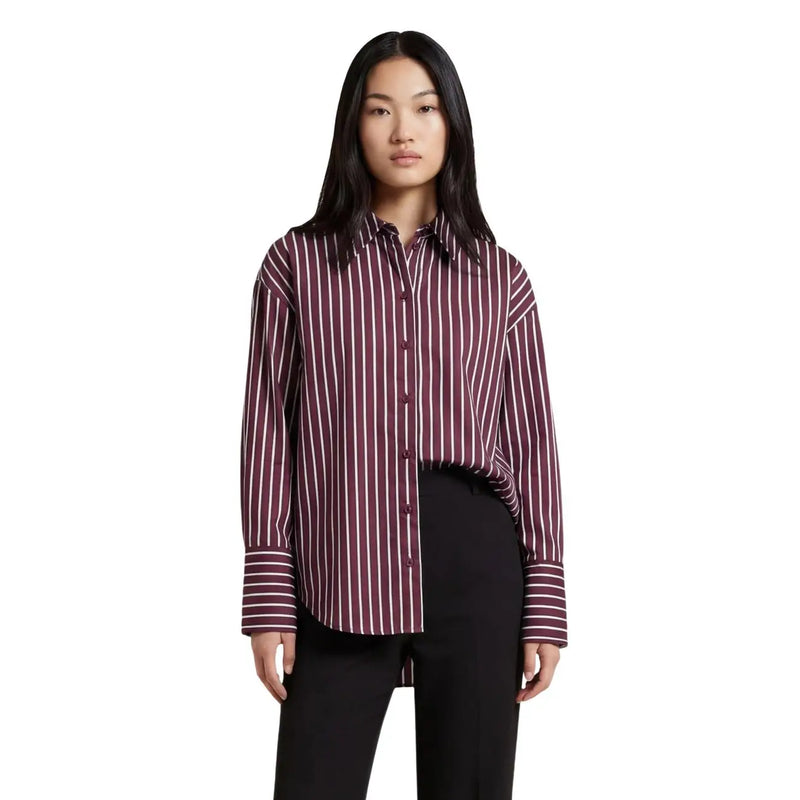 A Jacqueline De Yong Damen-Baumwollbluse mit bordeauxroten und weißen Längsstreifen und langen Ärmeln