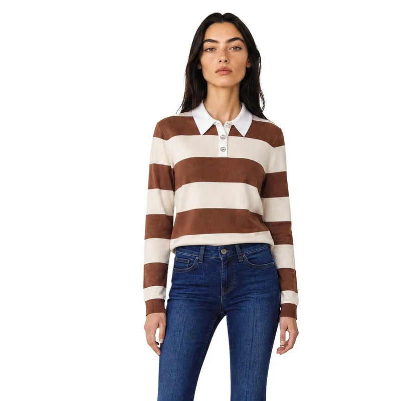 Jacqueline de Yong Damen-Polopullover mit braun-cremefarbenen Streifen, langen Ärmeln, weißem Kragen und Knöpfen