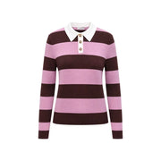 Jacqueline de Yong Damen-Polopullover aus braunem Strick mit rosa-braunen Streifen, weißem Kragen und Zierknöpfen