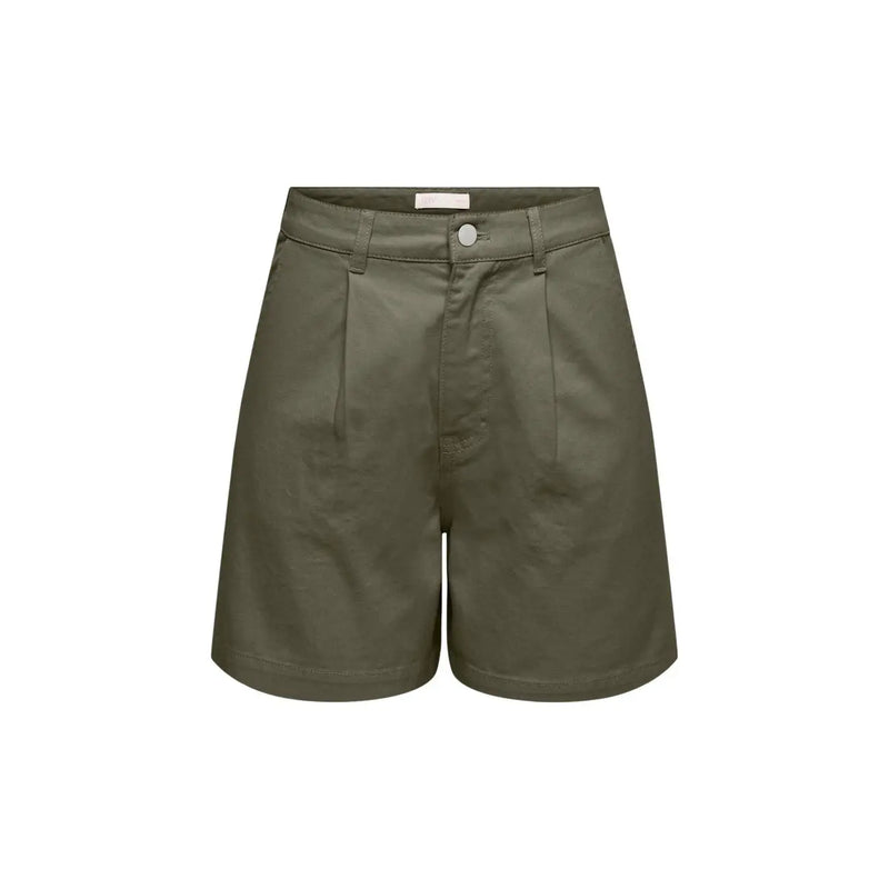 Olivgrüne, plissierte Baumwoll-Denim-Shorts für Damen von Jacqueline de Yong mit Knopfverschluss und Gürtelschlaufen