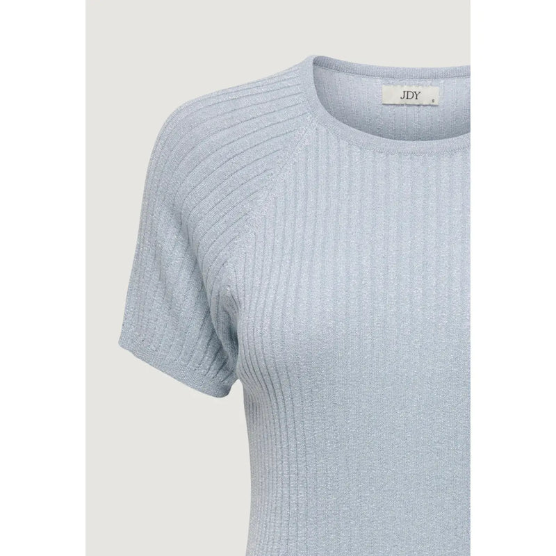 Hellblaues, geripptes Kurzarm-T-Shirt von Jacqueline de Yong aus Viskose für Damen mit Rundhalsausschnitt und dezentem Schimmer