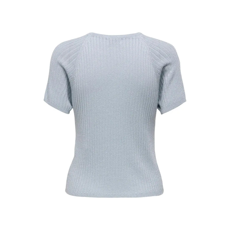 Jacqueline De Yong Hellblaues Damen-T-Shirt aus Viskose mit kurzen Ärmeln, geripptem Strickmuster und Rundhalsausschnitt