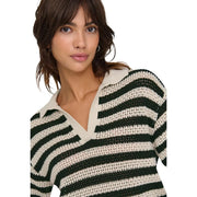 Jacqueline De Yong Schwarzer Damen-Polopullover mit Streifen, gestrickt mit dunkelgrünen, cremefarbenen Streifen und cremefarbenem Kragen