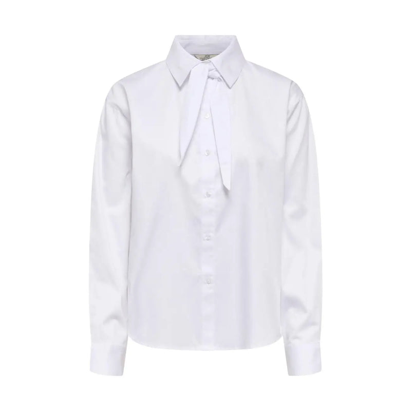 Weiße, lange, klassische Baumwollbluse von Jacqueline de Yong für Damen mit markantem Bindeband vorne und Knopfleiste.