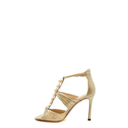 Jimmy Choo Damen-Ledersandalen, beige, metallisch-goldener Satin-Stilettoabsatz, offene Zehenpartie mit T-Riemen und Perlenverzierungen