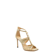 Jimmy Choo Damen-Sandalen aus beigefarbenem Leder mit offenem Zehenbereich, metallisch-goldenen Riemen und Perlen- und Kristallverzierungen