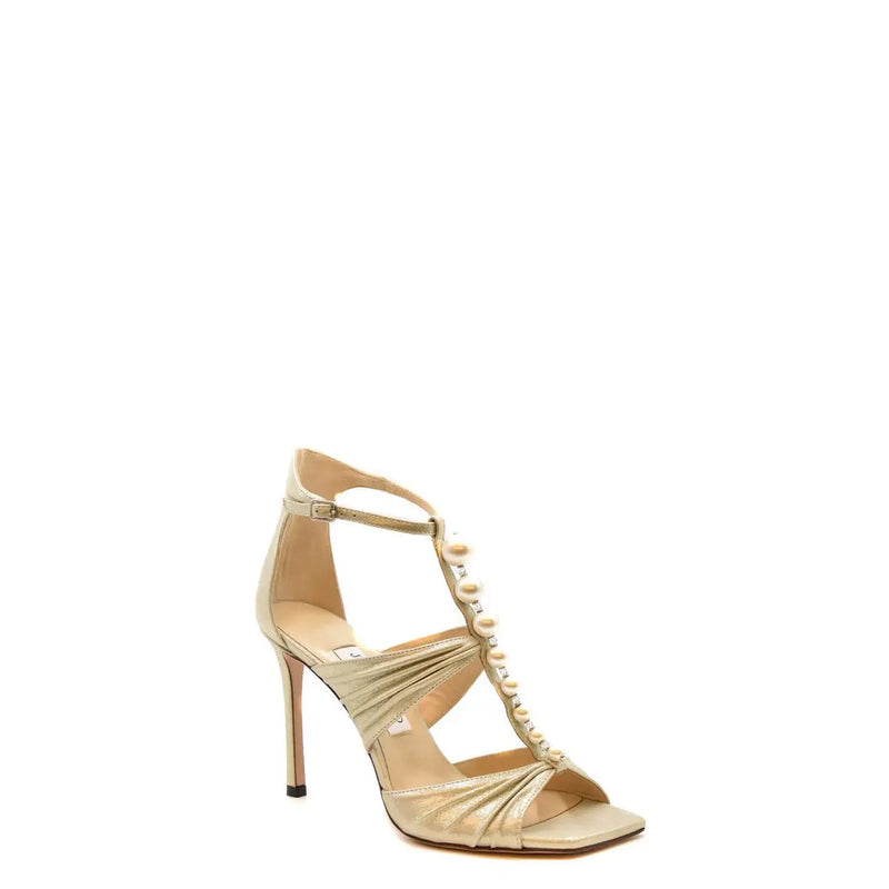 Jimmy Choo Damen-Sandalen aus beigefarbenem Leder mit offenem Zehenbereich, metallisch-goldenen Riemen und Perlen- und Kristallverzierungen