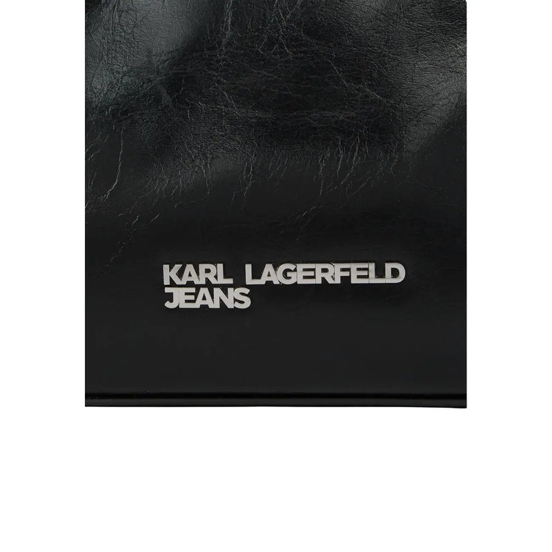 Black textured leather zippered bag by Karl Lagerfeld featuring silver logo and interior pockets for organization