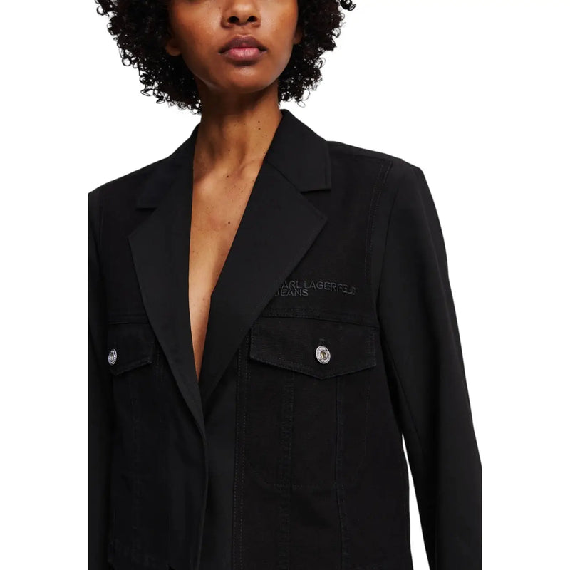 Black Karl Lagerfeld Jeans womens long blazer with silver buttons and subtle chest embroidery for fall winter
