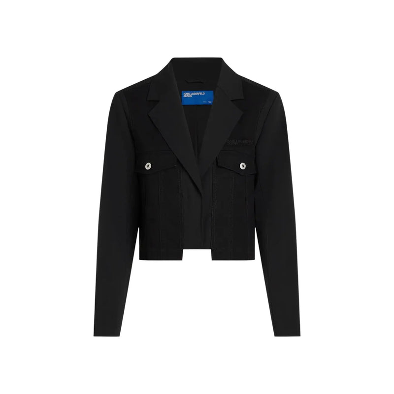 Black karl lagerfeld cropped blazer with silver buttons and structured shoulders for fall winter wear
