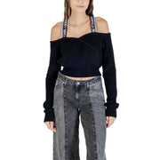 Schwarzer, gerippter Off-Shoulder-Pullover mit Marken-Schulterträgern für Damen