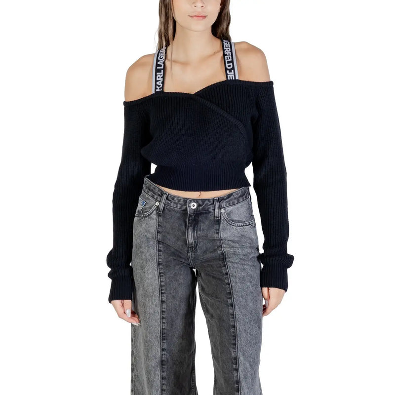 Schwarzer, gerippter Off-Shoulder-Pullover mit Marken-Schulterträgern für Damen