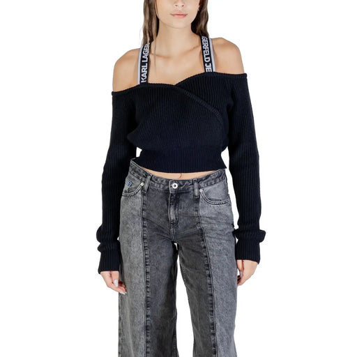 Schwarzer, gerippter Off-Shoulder-Pullover mit Marken-Schulterträgern für Damen