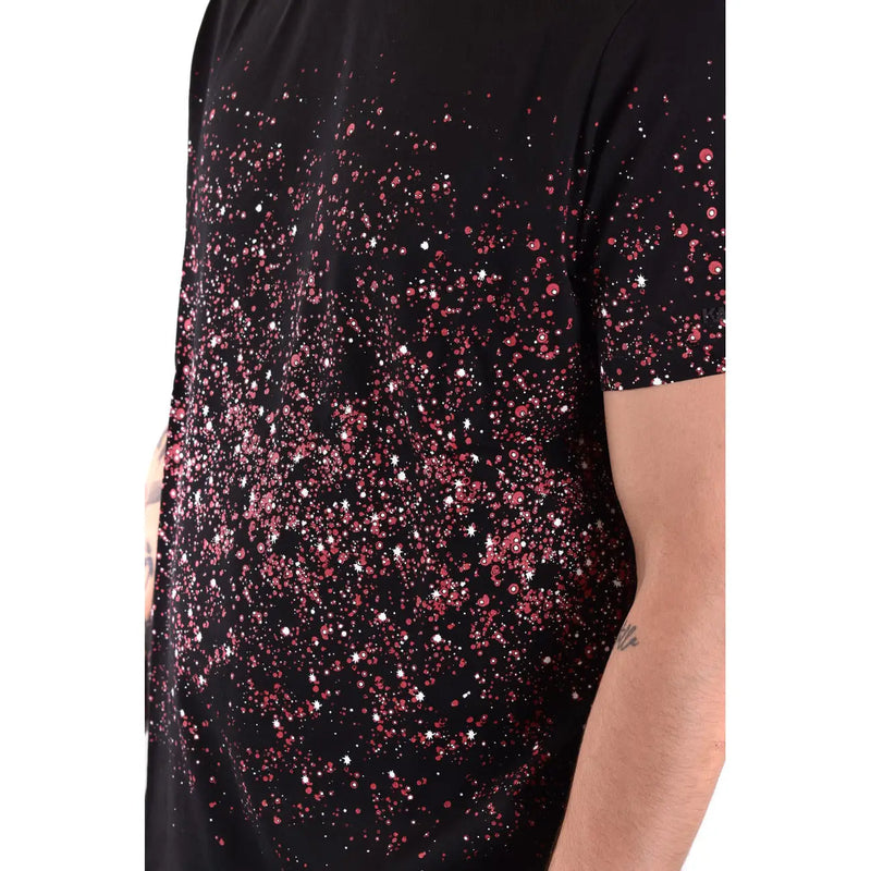Karl Lagerfeld Männer t-shirt Schwarzes Kurzarmshirt mit funkelndem rosa-weißem Sternen-Paillettenmuster