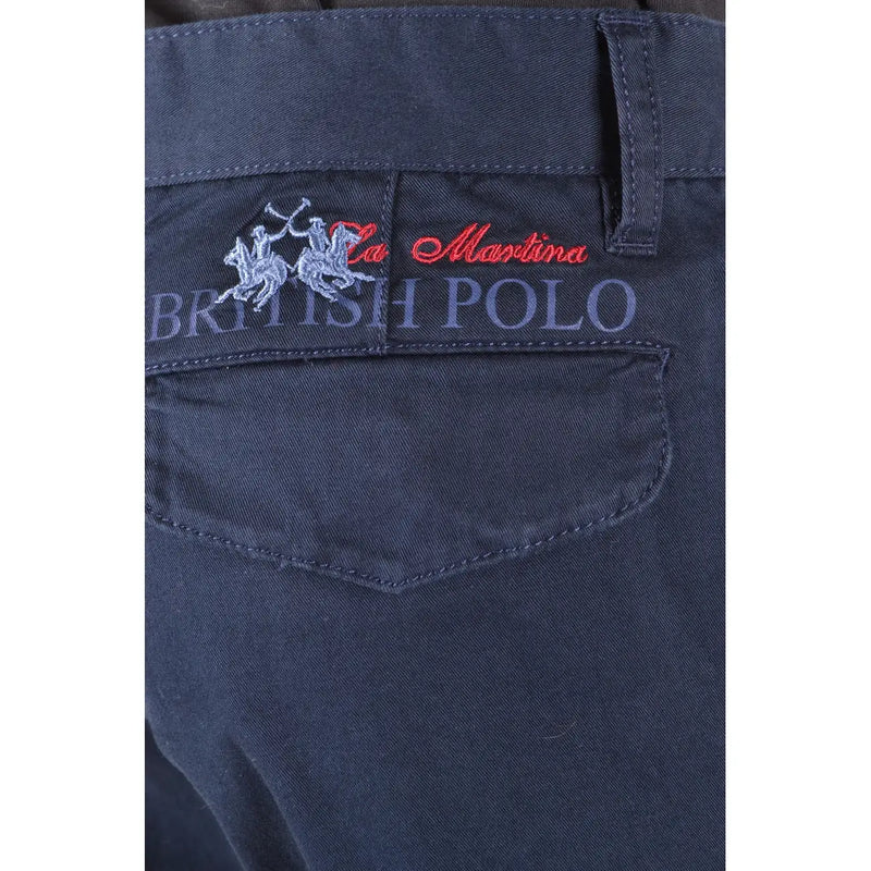 Dunkelblaue La Martina Herren-Baumwollhose aus Denim mit gesticktem britischem Polo-Logo und weißem Polospieler-Logo