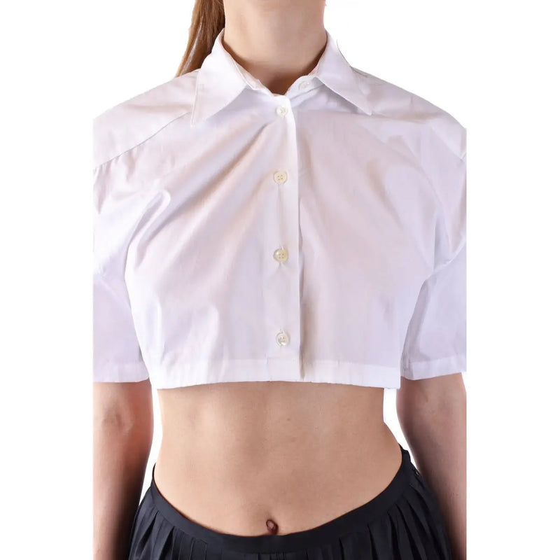 Weiße Baumwollbluse von Laneus für Damen mit Rundhalsausschnitt, kurzen Ärmeln und dezenten Schulterfalten im Cropped-Stil
