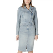 Light-wash denim moto jacket with zipper front, buttons, side zip, pockets
