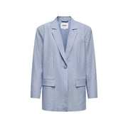 Light blue women’s blazer with single button closure, two front flap pockets, and a structured yet relaxed fit