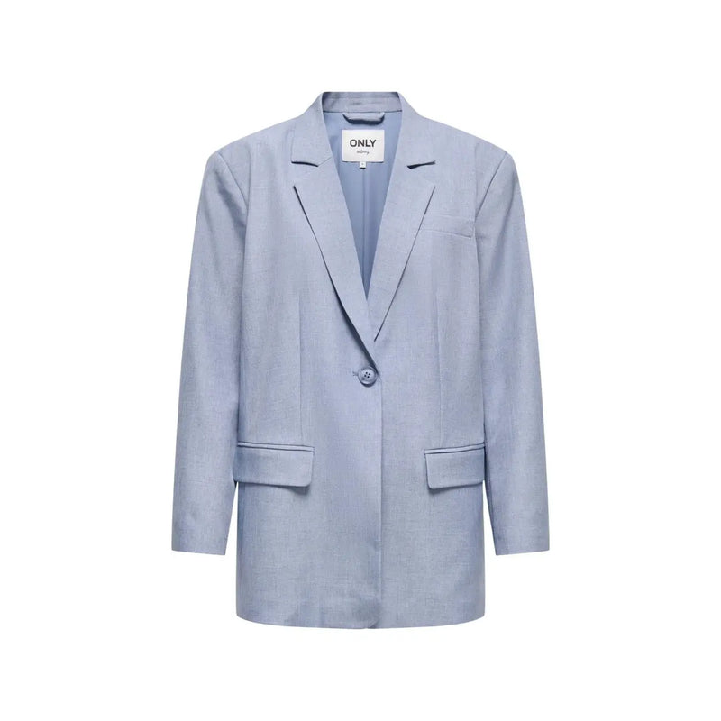 Light blue women’s blazer with single button closure, two front flap pockets, and a structured yet relaxed fit