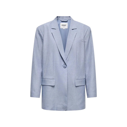 Light blue women’s blazer with single button closure, two front flap pockets, and a structured yet relaxed fit
