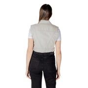 A light gray denim vest with a collar and buttoned waistband made from durable denim material