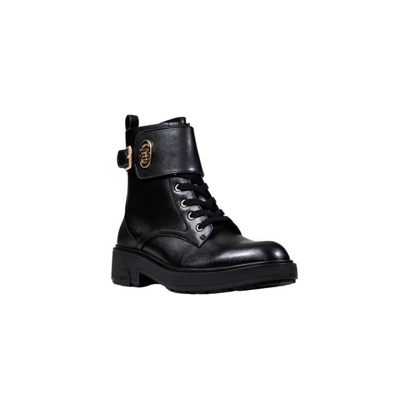 Liu Jo black faux leather ankle boots with zip featuring gold-tone buckle and laces in a stylish design