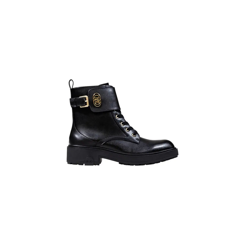 Liu Jo black faux leather ankle boot with laces gold-tone buckle and side zip closure
