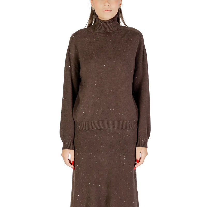 Brown knit turtleneck sweater and matching skirt with subtle sparkle details for women