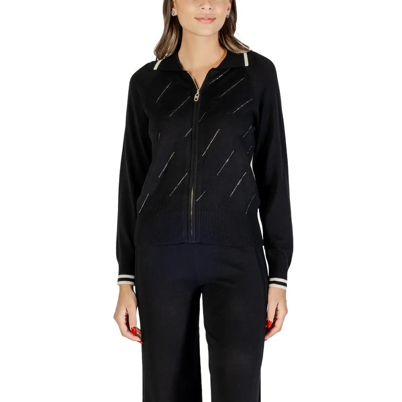 Women’s black zip-up cardigan with white striped collar and cuffs from Liu Jo Long collection