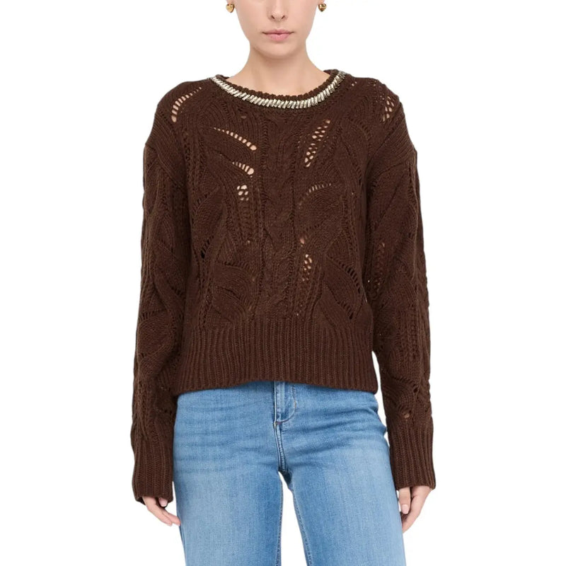 Liu Jo Weißer, langärmeliger Strickpullover mit Strasssteinen und braunen Zopfmustern