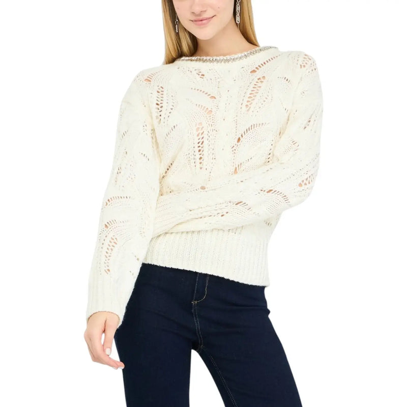 Liu Jo Weißer, langärmeliger Strickpullover mit Strasssteinen in Creme mit aufwendigen Spitzenmustern und perlenbesetztem Ausschnitt