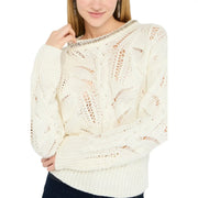Liu Jo Weißer, langärmeliger Strass-Strickpullover in Creme mit aufwendigen Spitzenmustern und silbernem Kettenbesatz am Ausschnitt