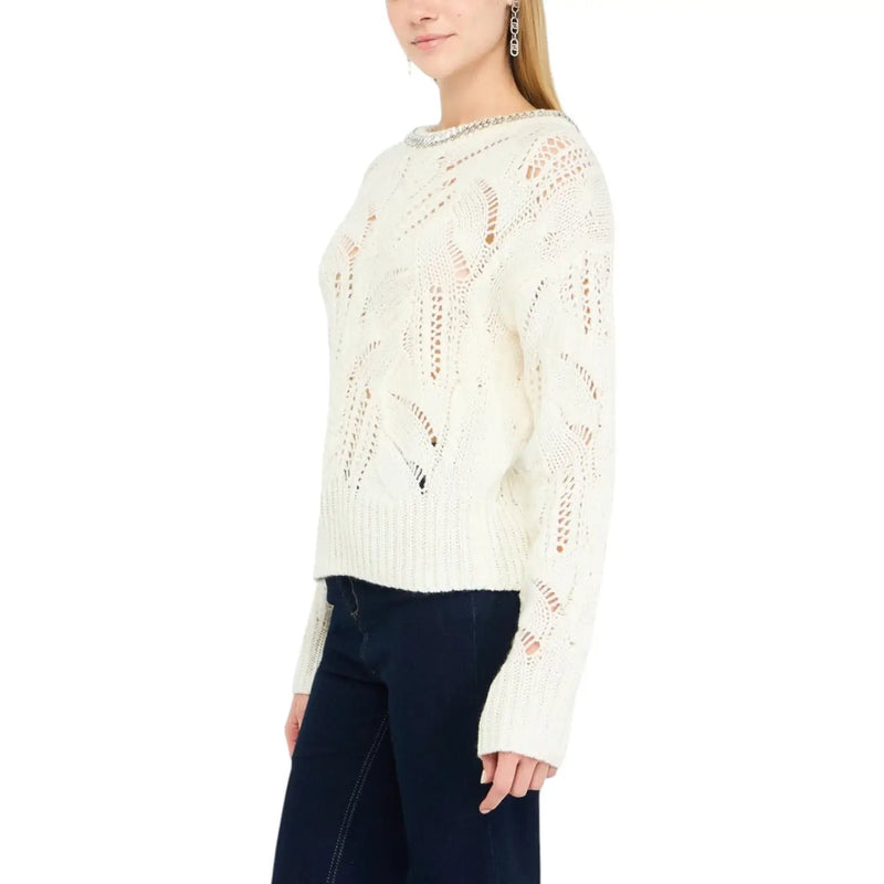 Liu Jo Weißer, langärmeliger Strassstrickpullover in Creme mit aufwendigen, spitzenartigen Mustern und verziertem Ausschnitt