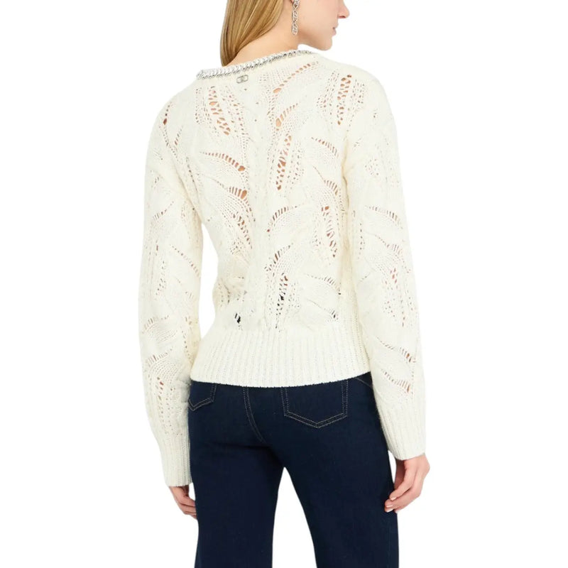 Liu Jo Weißer, langärmeliger Strickpullover mit Strasssteinen in Creme mit aufwendiger Blattspitze und geripptem Saum