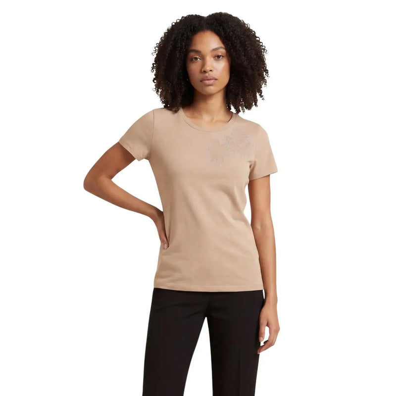 Liu Jo Beigefarbenes Damen-T-Shirt aus Baumwolle mit Rundhalsausschnitt und kurzen Ärmeln, weicher, figurbetonter Silhouette und dezenter Struktur