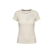 Liu Jo Beigefarbenes Damen-T-Shirt aus Baumwolle mit kurzen Ärmeln, Rundhalsausschnitt und zarter silberner Blumenstickerei auf der Brust