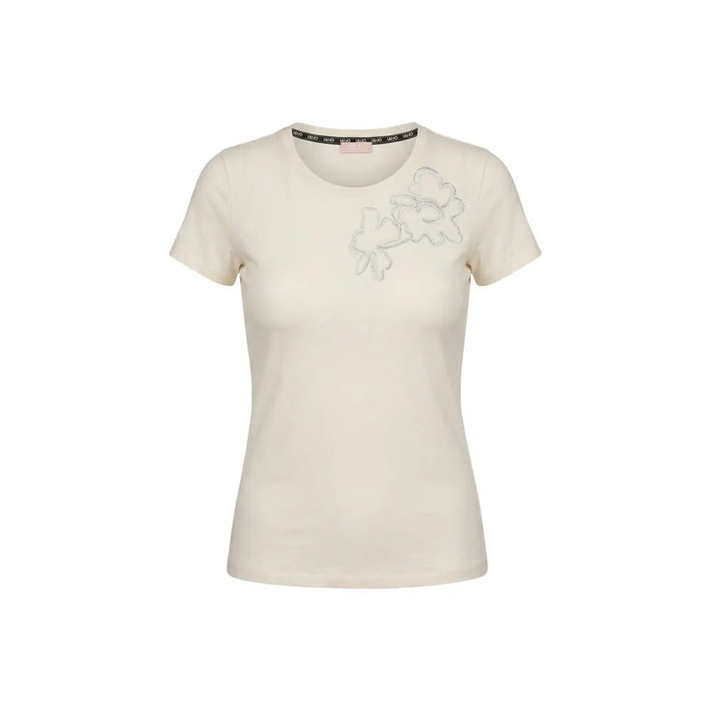 Liu Jo Beigefarbenes Damen-T-Shirt aus Baumwolle mit kurzen Ärmeln, Rundhalsausschnitt und zarter silberner Blumenstickerei auf der Brust