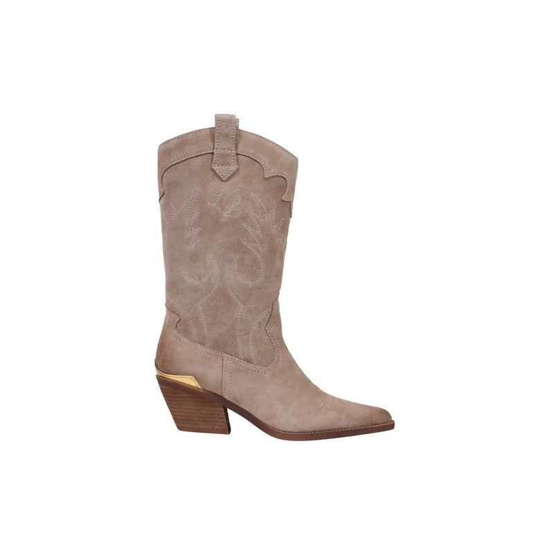Liu Jo Beige Damen-Ankle-Boots aus Leder mit Blockabsatz, Holzsohle, Wildleder und Zierstichen