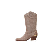 Liu Jo Beige Damen-Ankle-Boots aus Leder mit beigefarbenem Wildleder-Cowboy-Design, gestickten Blumenapplikationen und goldenem Blockabsatz