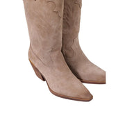 Liu Jo Beigefarbene Damen-Ankle-Boots aus Leder mit Blockabsatz, hellbraunem Wildleder-Cowboy-Design und gestickten Blumenmustern