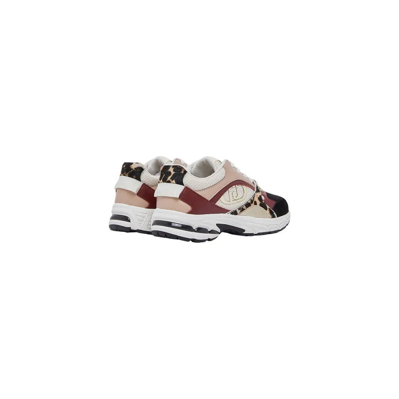 Liu Jo Damen-Sneaker aus beigefarbenem Leder zum Hineinschlüpfen mit auffälligem Leopardenmuster in Bordeauxrot und Beige sowie weißen Gummisohlen