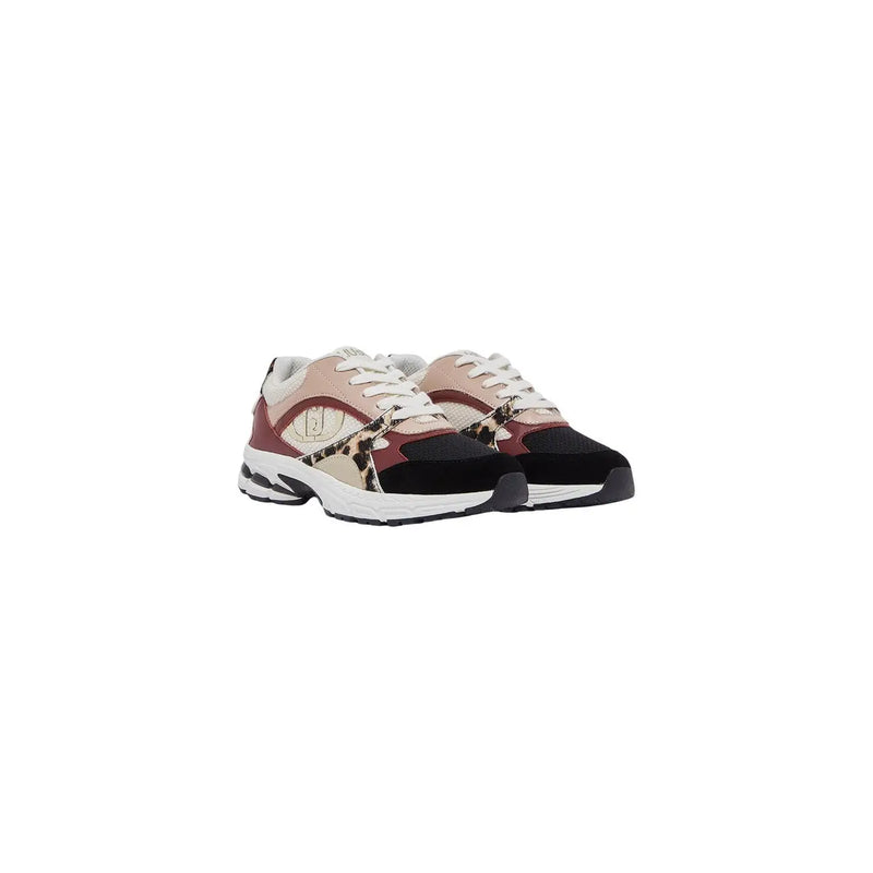 Liu Jo Beigefarbene Damen-Sneaker aus Leder zum Hineinschlüpfen mit klobigem Design, beigefarbenen, burgunderroten und schwarzen Einsätzen sowie Akzenten im Leopardenmuster.