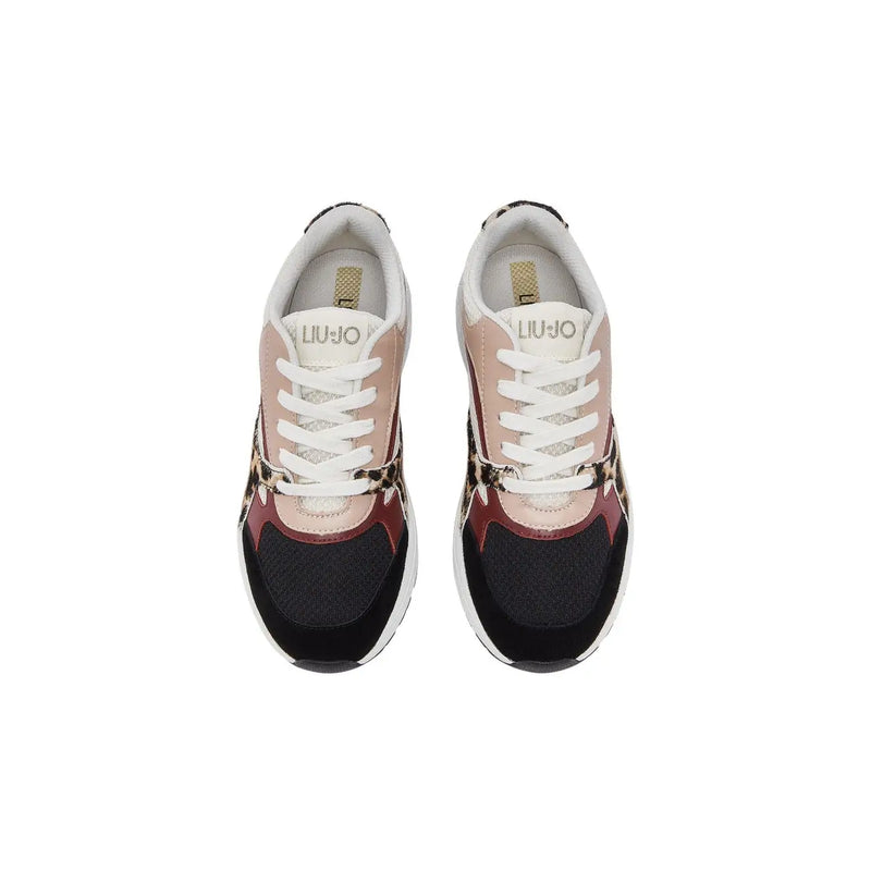 Beigefarbene Leder-Sneaker von Liu Jo für Damen zum Hineinschlüpfen mit pink-schwarzem Leopardenmuster und weißen Schnürsenkeln auf klobiger Sohle.