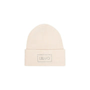 Liu Jo Beige Damen-Mütze aus geripptem Polyesterstrick mit umgeschlagenem Bündchen und silberfarbenem, gesticktem Livio-Logo