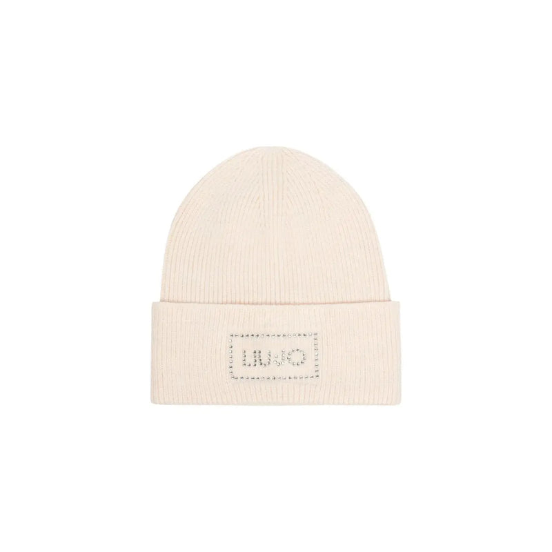 Liu Jo Beige Damen-Mütze aus geripptem Polyesterstrick mit umgeschlagenem Bündchen und silberfarbenem, gesticktem Livio-Logo