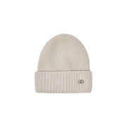 Liu Jo Damen-Beanie aus beigefarbenem Polyester-Rippstrick mit umgeschlagenem Bündchen, glitzernden Verzierungen und metallischem Logo
