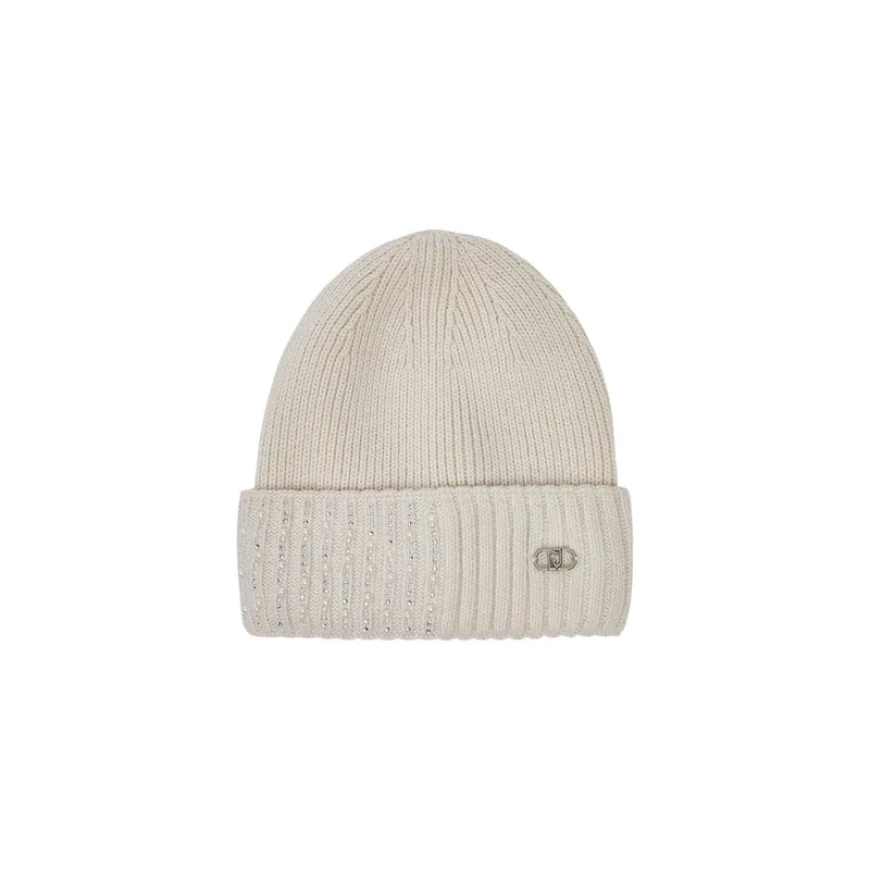 Liu Jo Damen-Beanie aus beigefarbenem Polyester-Rippstrick mit umgeschlagenem Bündchen, glitzernden Verzierungen und metallischem Logo