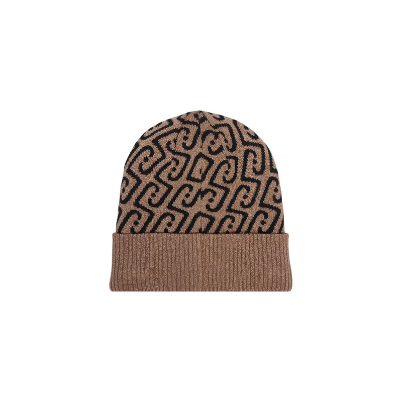 Liu Jo Beige Damen-Strickmütze aus Polyester mit schwarzem Logomuster und geripptem Bündchen