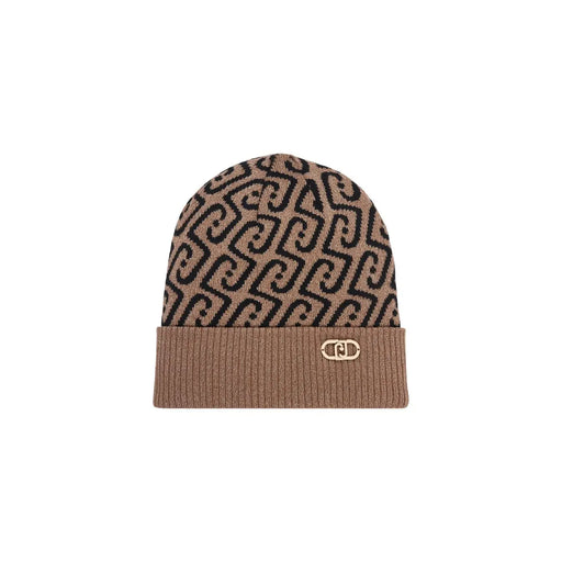 Liu Jo Beige Damen-Polyestermütze mit schwarzem, ineinandergreifendem C-Muster und roségoldenem Logo-Emblem am gerippten Bündchen.