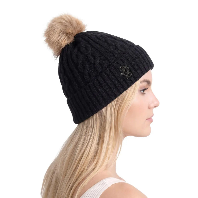 Schwarze Zopfstrickmütze mit hellbraunem Kunstfellbommel und gesticktem Logo von Liu Jo Damen-Kappe aus beigefarbenem Polyester